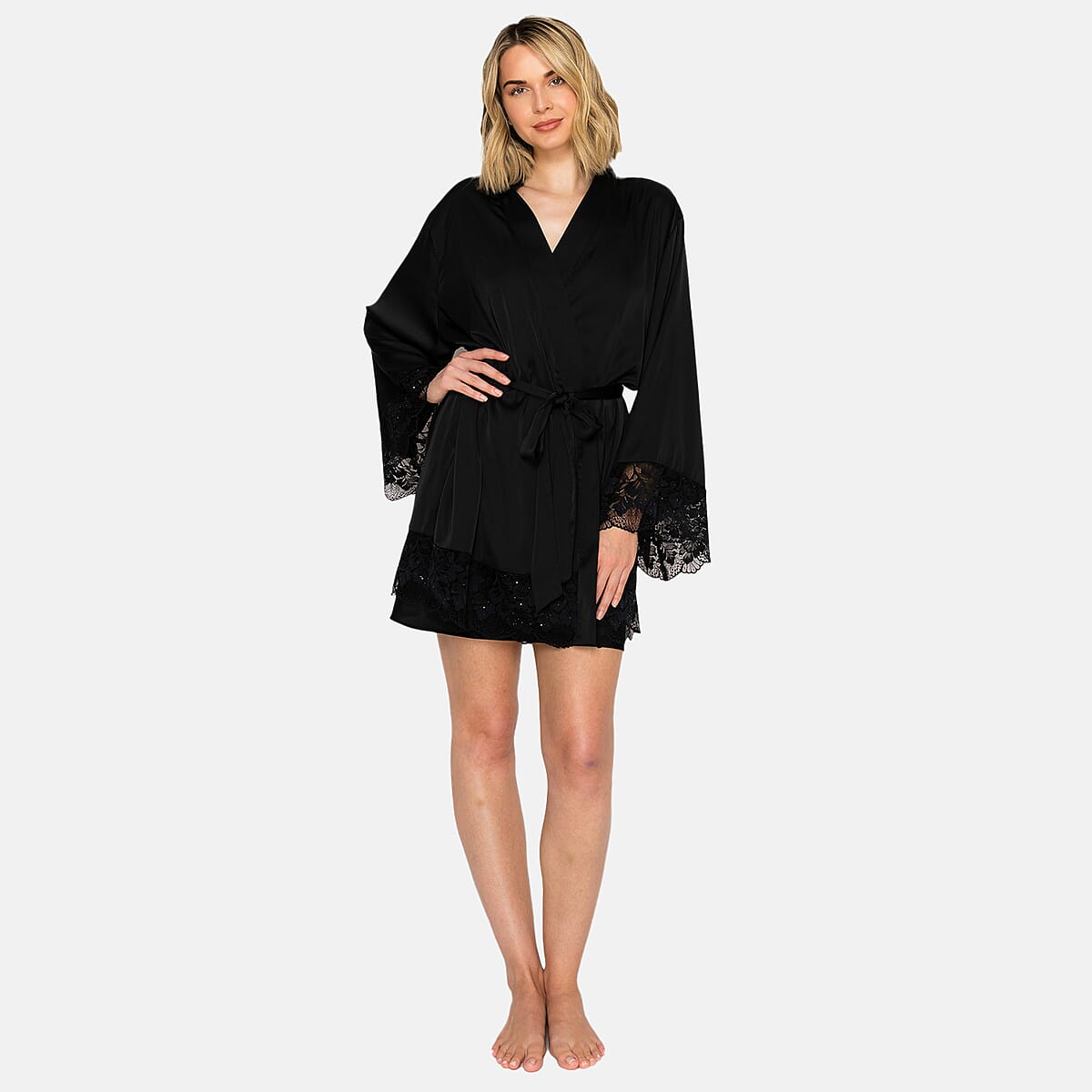 Buy Badgley Mischka Black Satin Robe with Lace and Rhinestone Lace