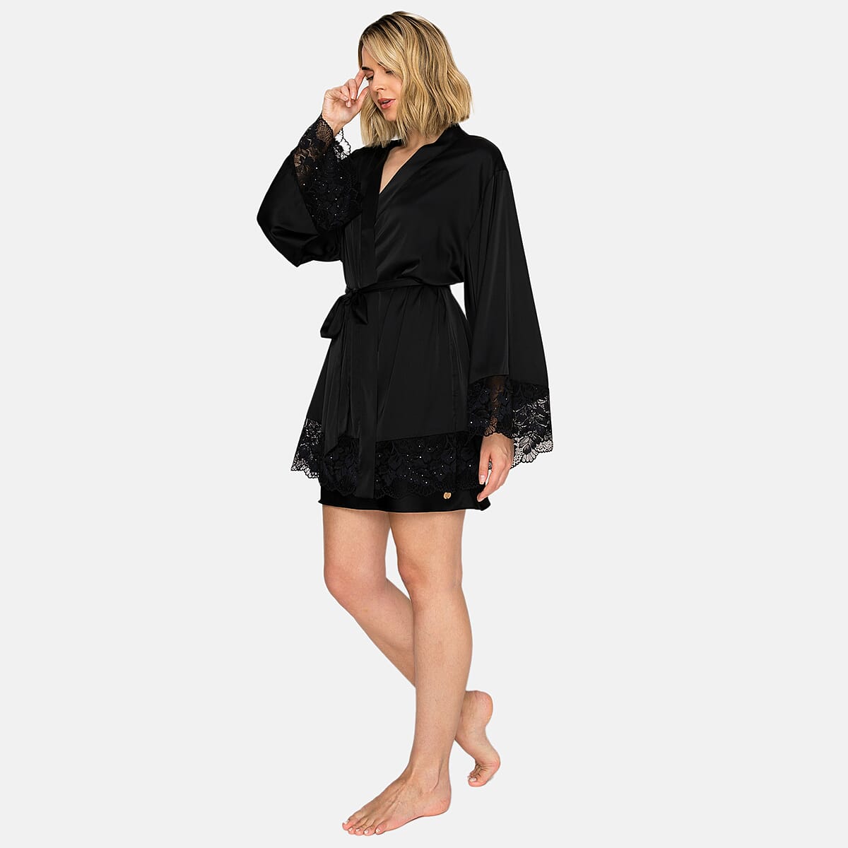 Badgley Mischka Black Satin Robe with Lace and Rhinestone Lace Trim - M image number 2