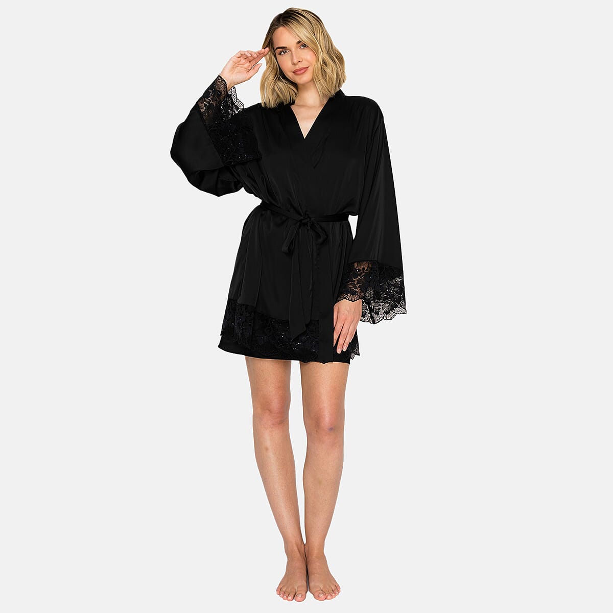 Badgley Mischka Black Satin Robe with Lace and Rhinestone Lace Trim - M image number 3