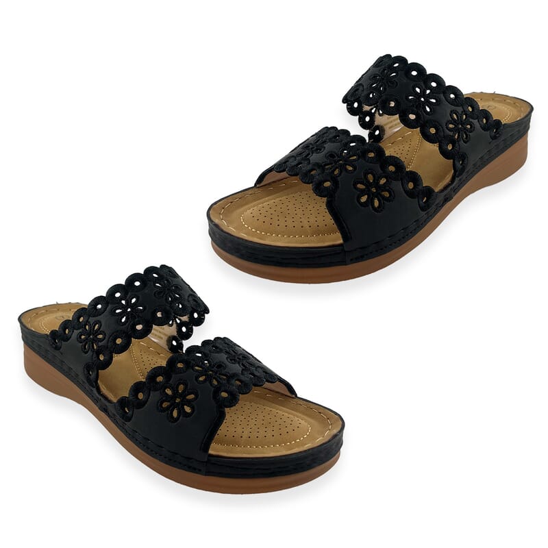 Cherokee Black Embroidered 2 Strap Wedge Sandals - Size 6