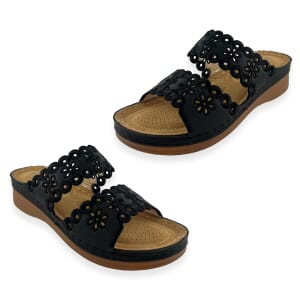Cherokee Black Embroidered 2 Strap Wedge Sandals - Size 7