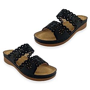 Cherokee Black Embroidered 2 Strap Wedge Sandals - Size 9