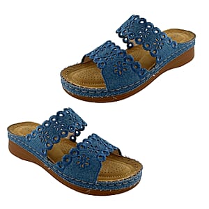 Cherokee Denim Embroidered 2 Strap Wedge Sandals - Size 9