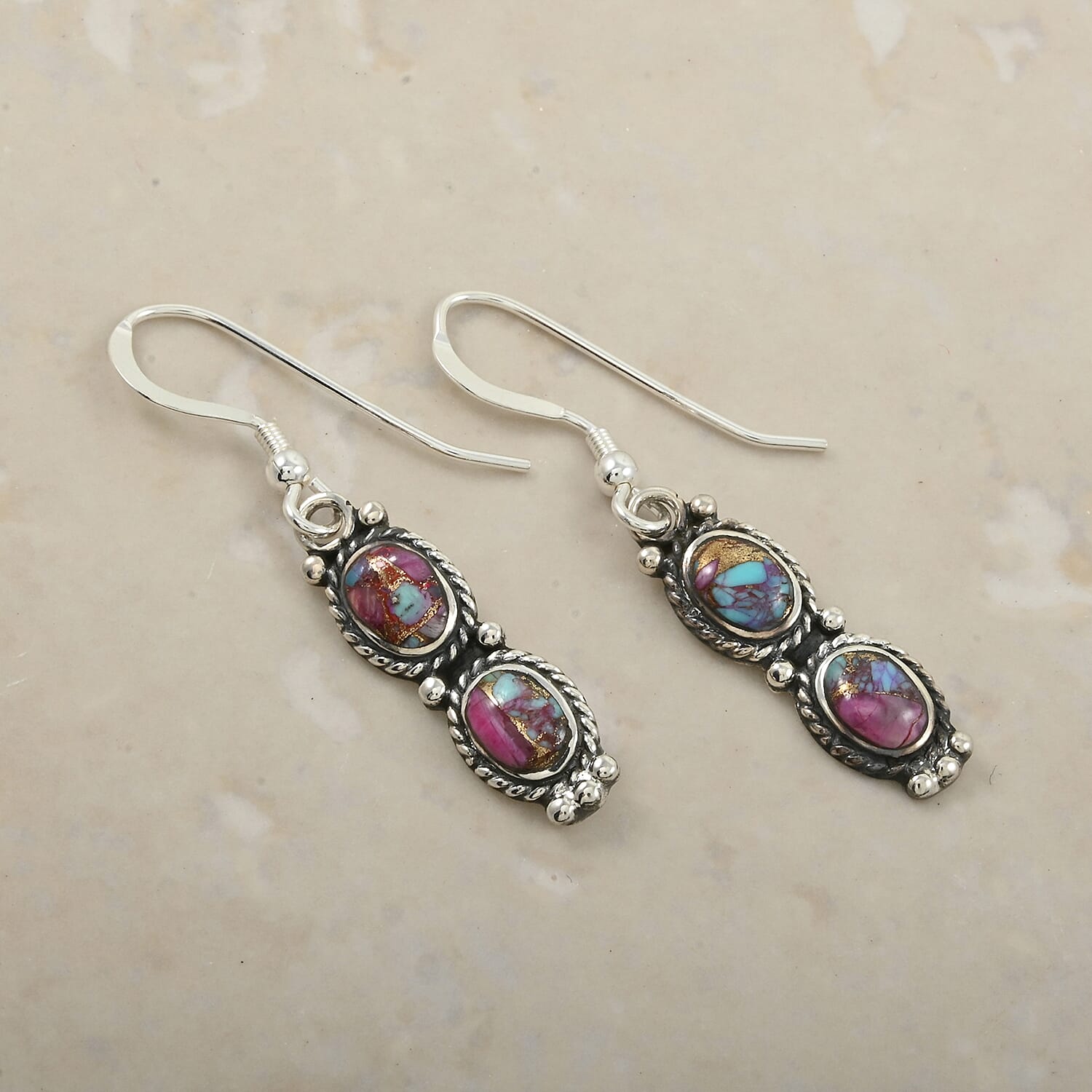 Santa Fe Style Rainbow Multi Gemstone Earrings in Sterling Silver 3.50 ctw