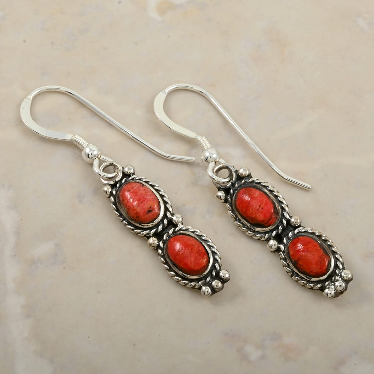 Santa Fe Style Enhanced Red Coral Earrings in Sterling Silver 3.50 ctw image number 1