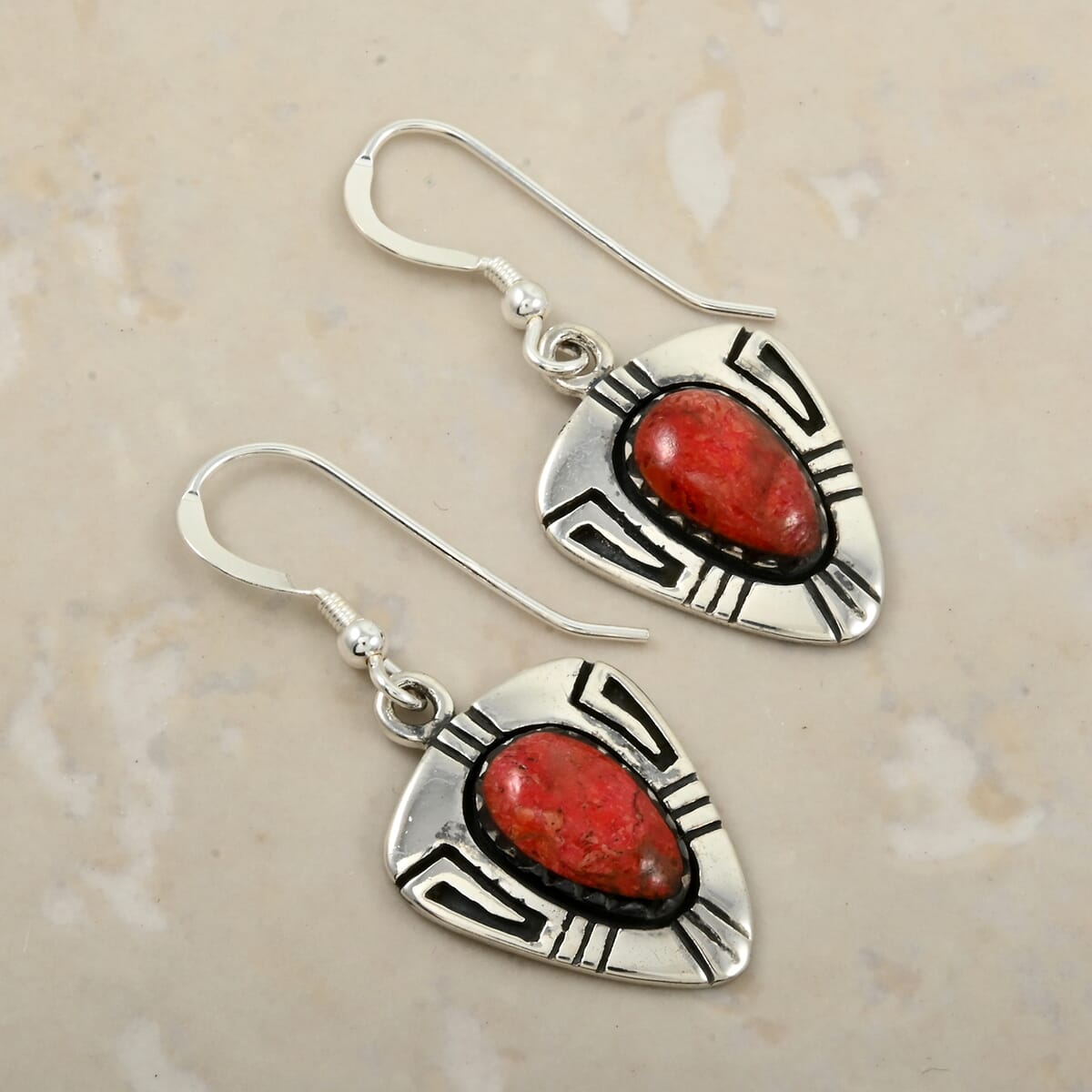 Santa Fe Style Enhanced Red Coral 4.00 ctw Earrings in Sterling Silver image number 1