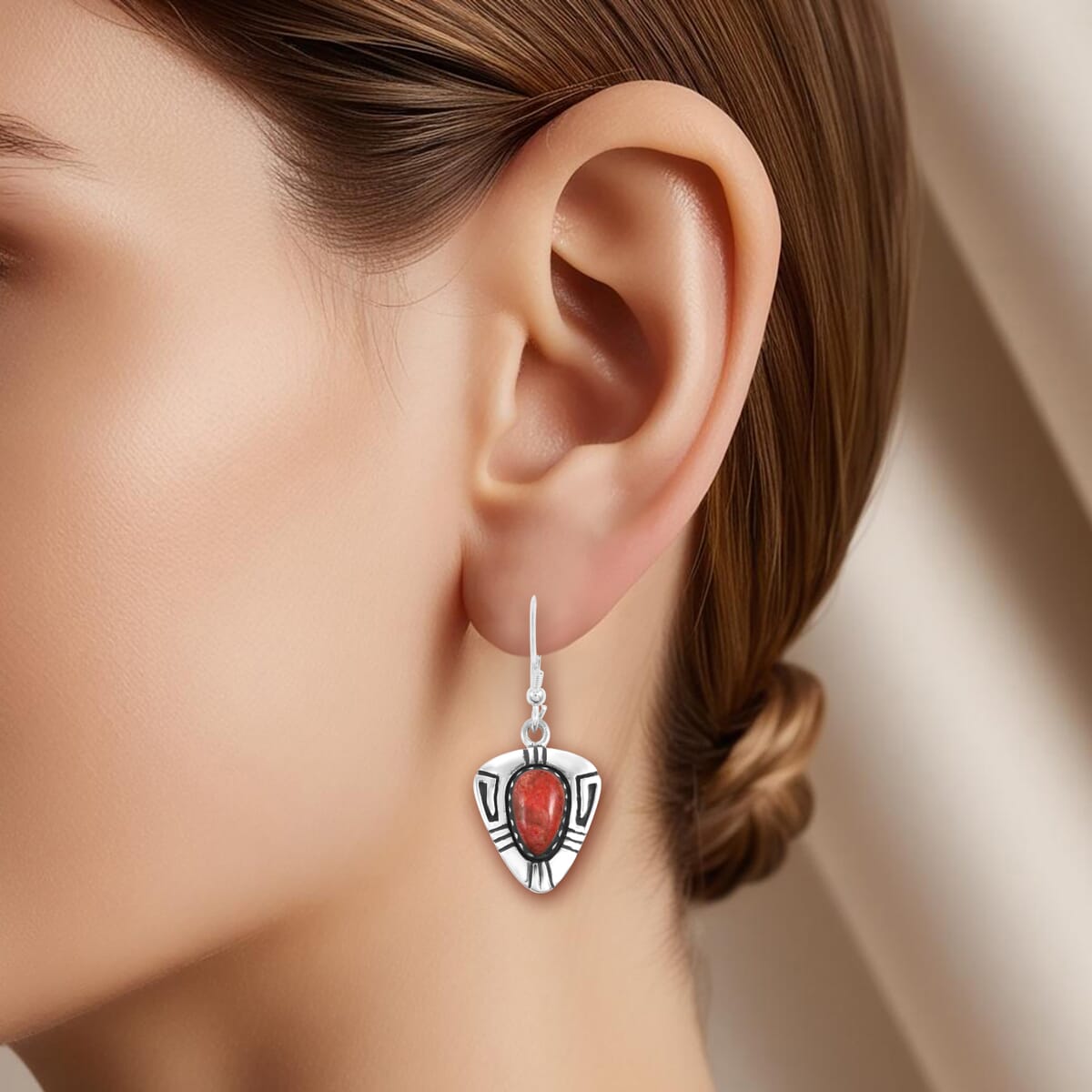 Santa Fe Style Enhanced Red Coral 4.00 ctw Earrings in Sterling Silver image number 2