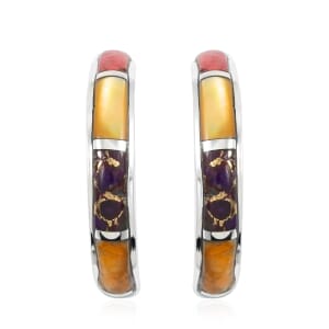 Santa Fe Style Multi Gemstone 4.25 ctw Half Hoop Earrings in Sterling Silver