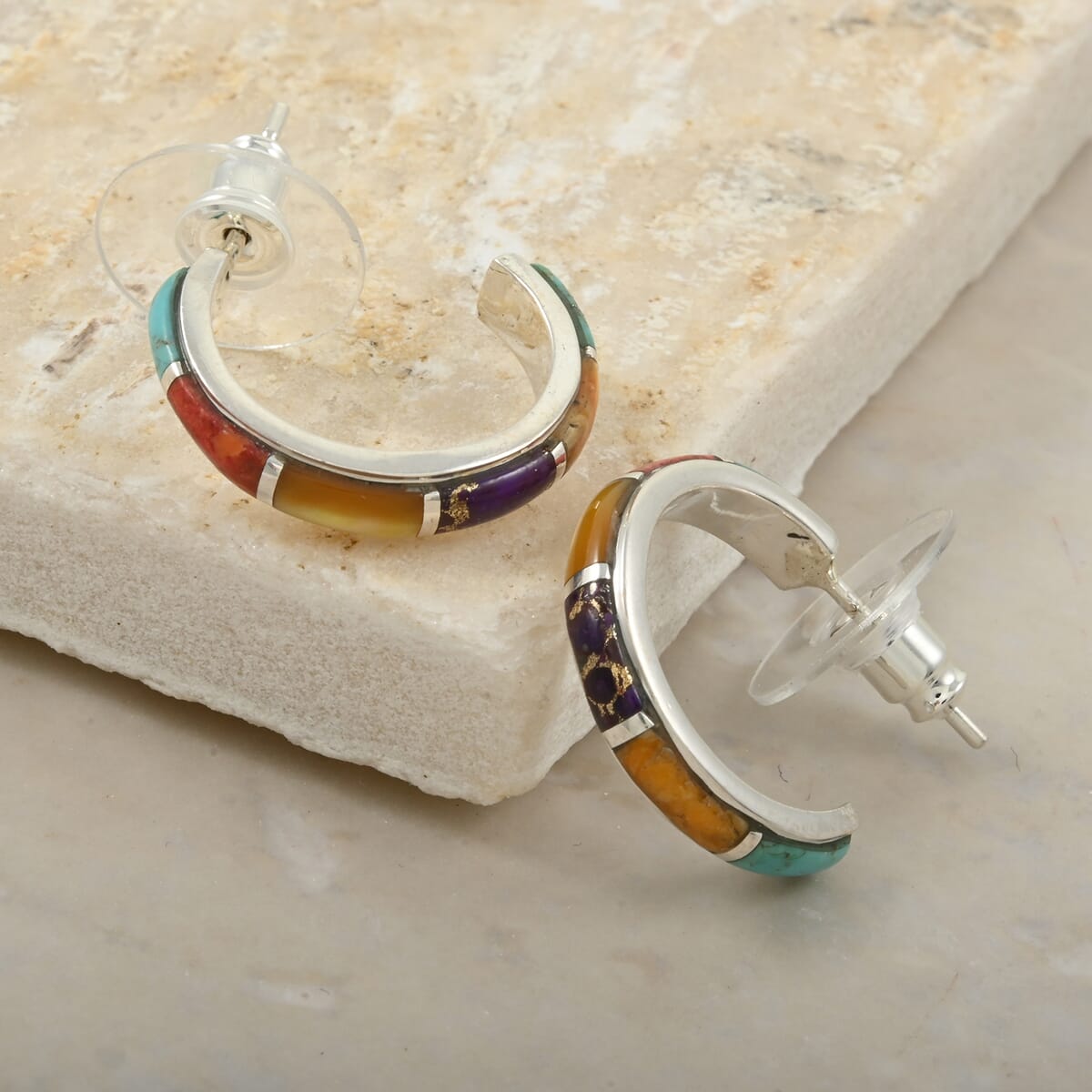 Santa Fe Style Multi Gemstone Half Hoop Earrings in Sterling Silver 4.25 ctw image number 1