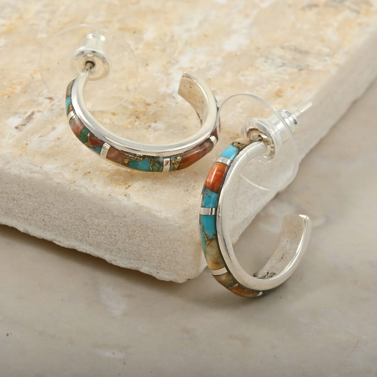 Santa Fe Style Spiny Turquoise 4.25 ctw Half Hoop Earrings in Sterling Silver image number 1