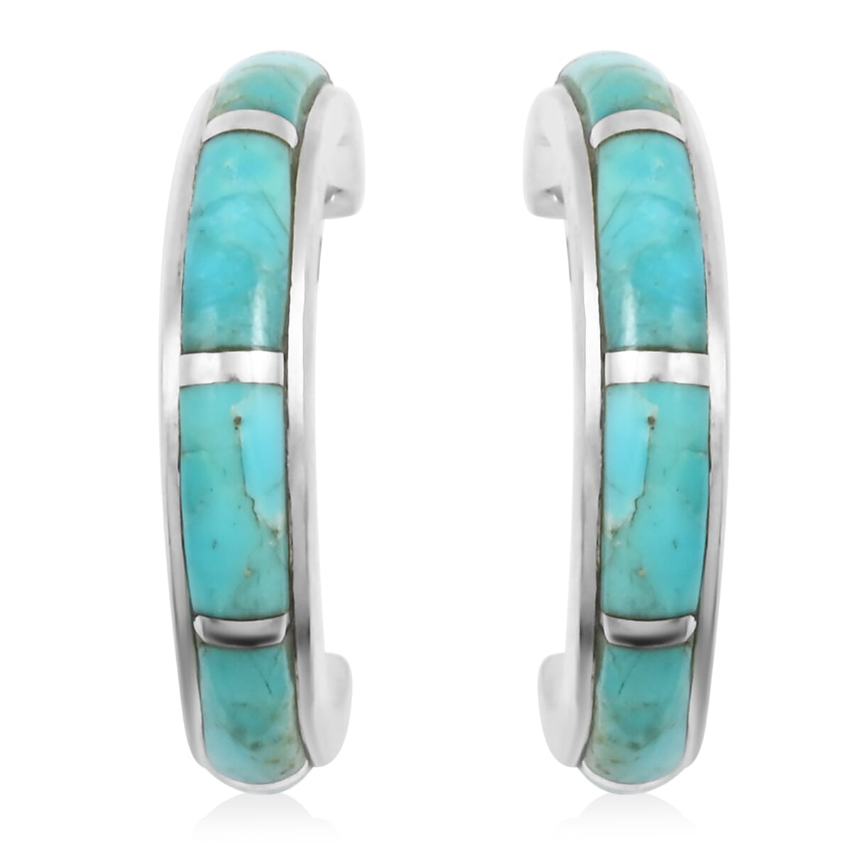 Santa Fe Style Kingman Turquoise 4.25 ctw Half Hoop Earrings in Sterling Silver image number 0