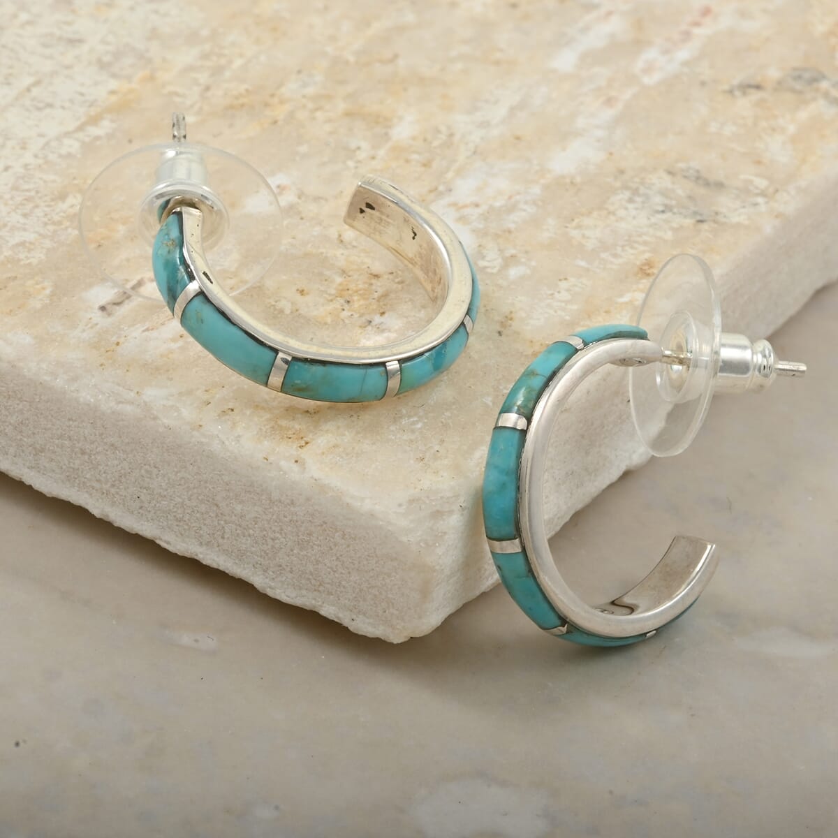 Santa Fe Style Kingman Turquoise 4.25 ctw Half Hoop Earrings in Sterling Silver image number 1