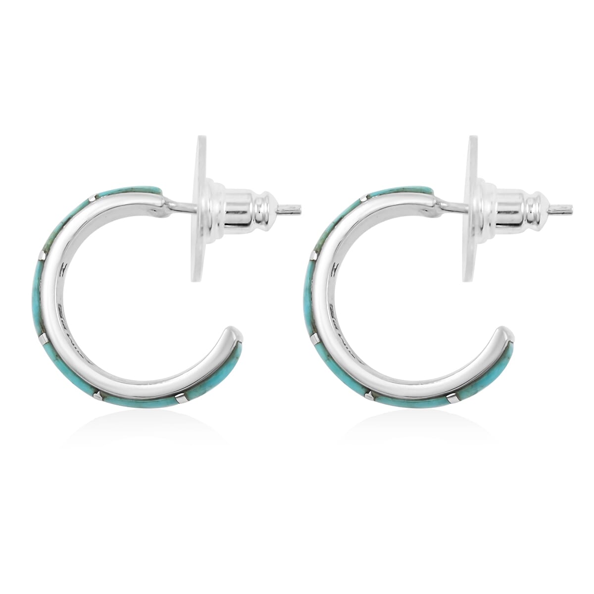 Santa Fe Style Kingman Turquoise 4.25 ctw Half Hoop Earrings in Sterling Silver image number 3