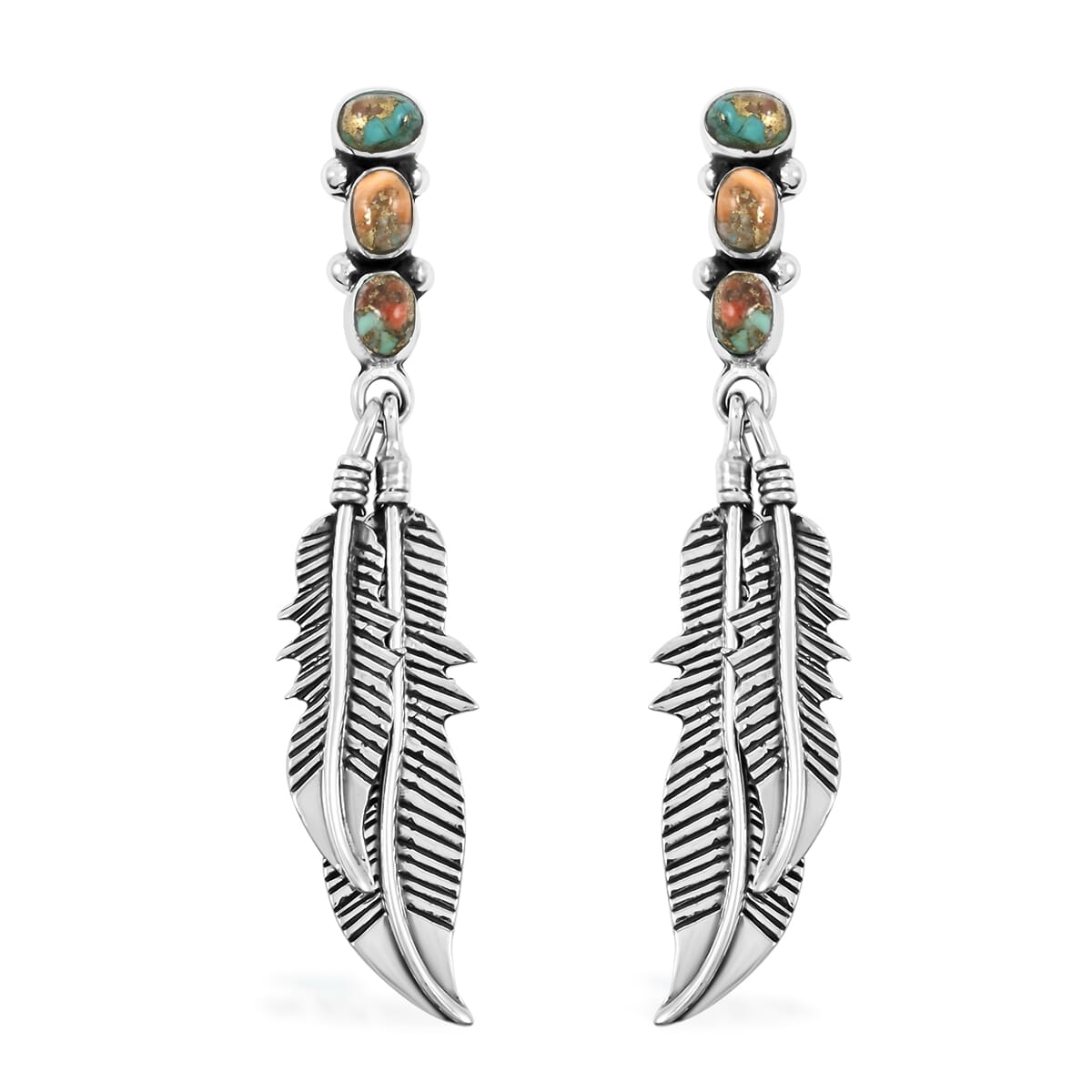 Santa Fe Style Spiny Turquoise Feather Earrings in Sterling Silver 1.75 ctw image number 0