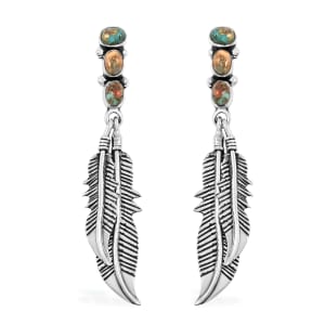Santa Fe Style Spiny Turquoise Feather Earrings in Sterling Silver 1.75 ctw