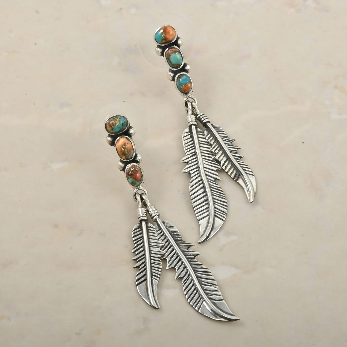 Santa Fe Style Spiny Turquoise Feather Earrings in Sterling Silver 1.75 ctw image number 1