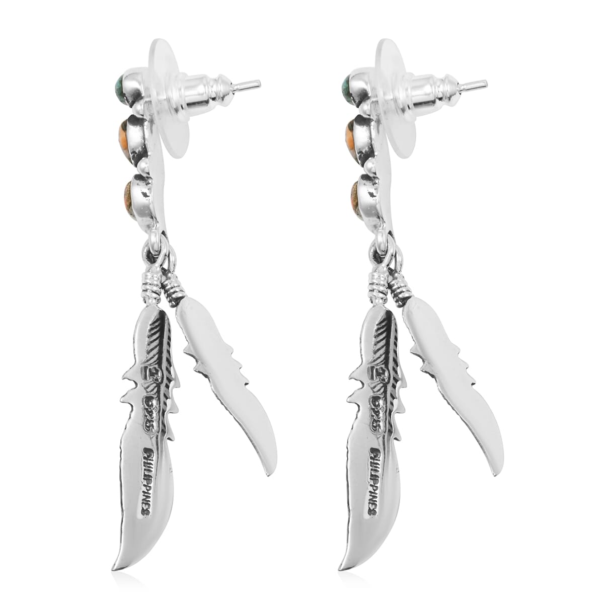 Santa Fe Style Spiny Turquoise Feather Earrings in Sterling Silver 1.75 ctw image number 3