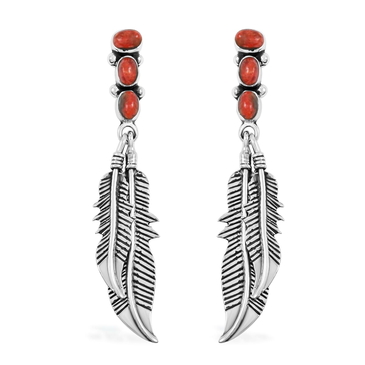Santa Fe Style Enhanced Red Coral Feather Earrings in Sterling Silver 1.75 ctw image number 0