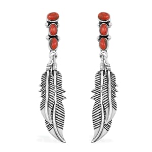 Santa Fe Style Enhanced Red Coral Feather Earrings in Sterling Silver 1.75 ctw