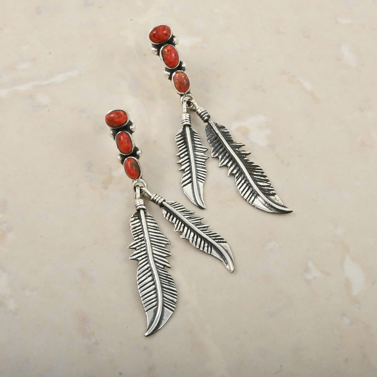 Santa Fe Style Enhanced Red Coral Feather Earrings in Sterling Silver 1.75 ctw image number 1