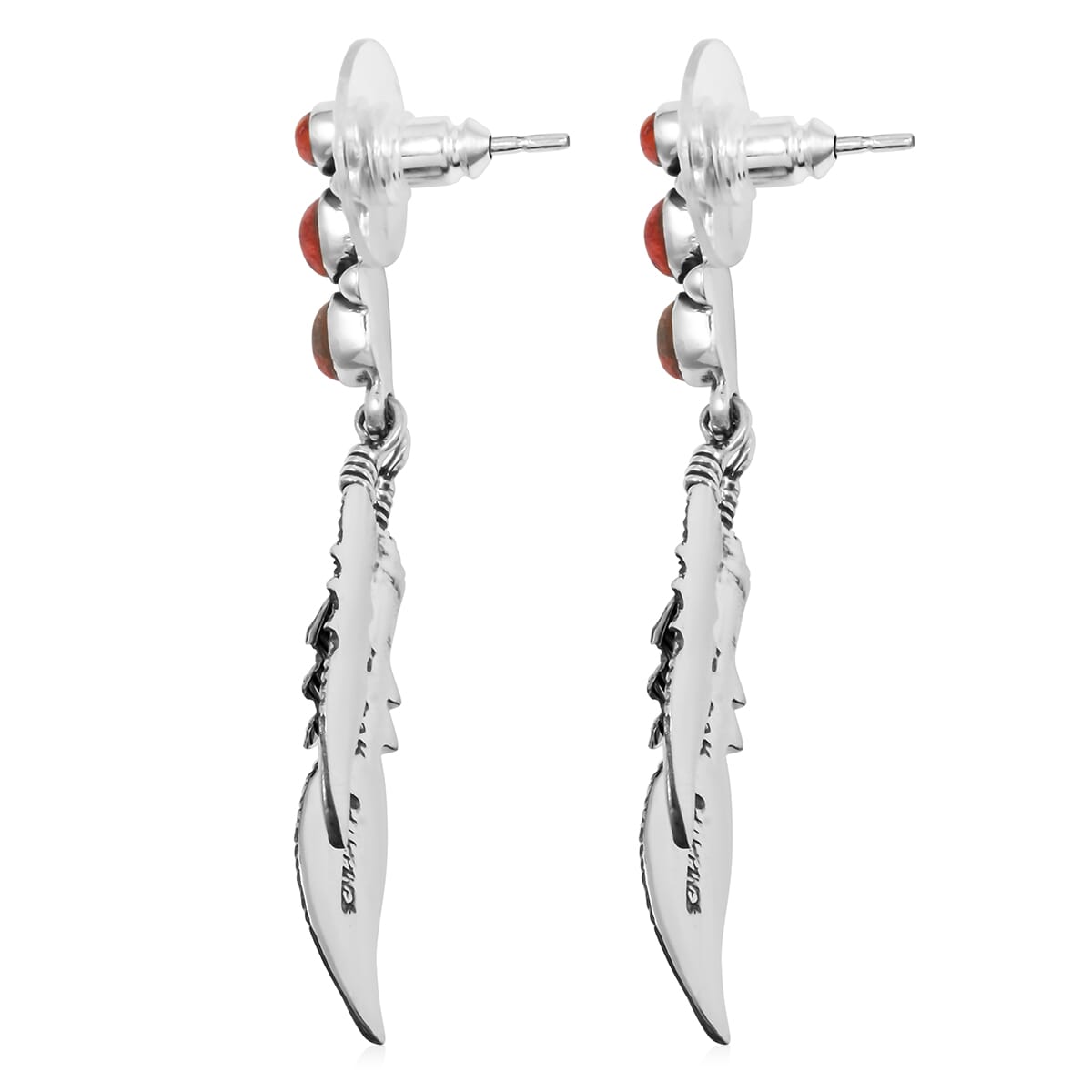 Santa Fe Style Enhanced Red Coral Feather Earrings in Sterling Silver 1.75 ctw image number 3