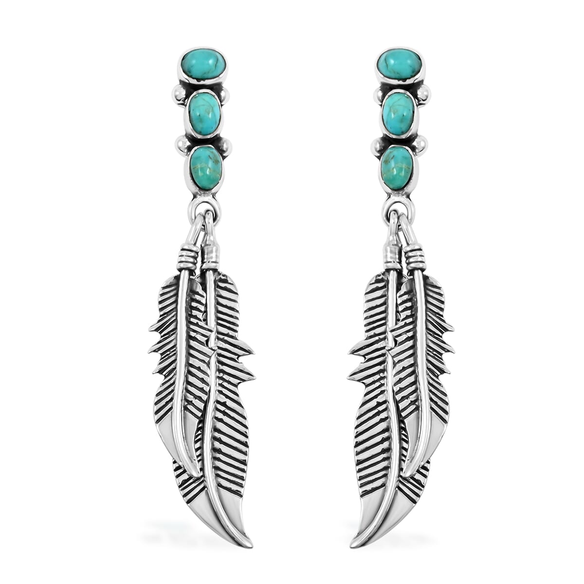 Santa Fe Style Kingman Turquoise Feather Earrings in Sterling Silver 1.75 ctw image number 0