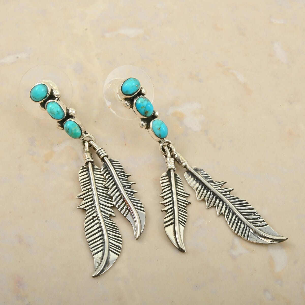 Santa Fe Style Kingman Turquoise Feather Earrings in Sterling Silver 1.75 ctw image number 1