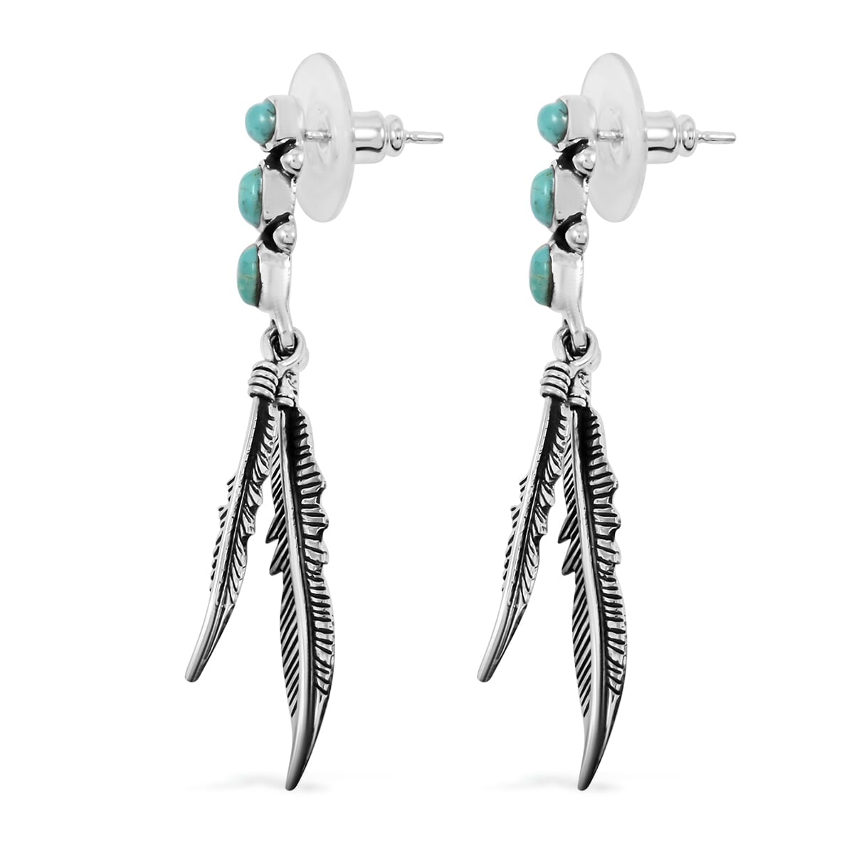 Santa Fe Style Kingman Turquoise Feather Earrings in Sterling Silver 1.75 ctw image number 3