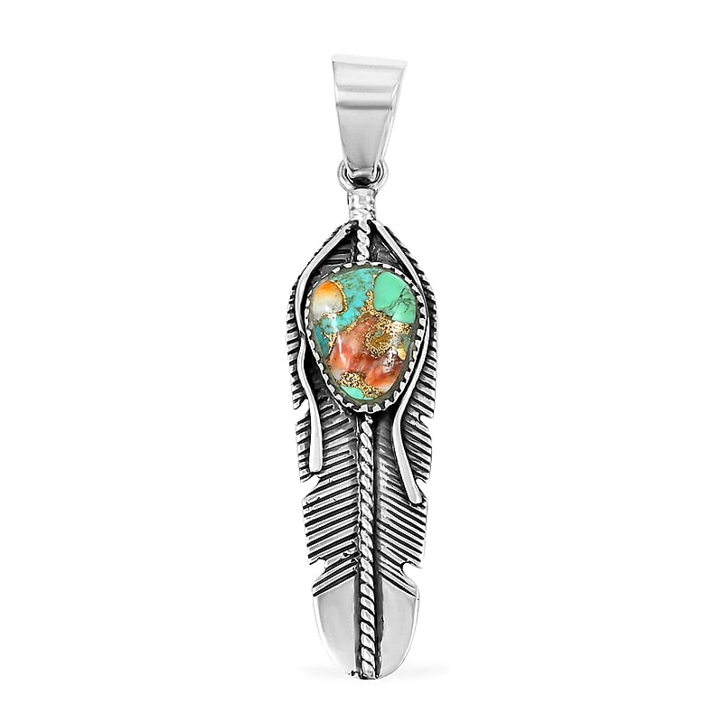 Santa Fe Style Spiny Turquoise Feather Pendant in Sterling Silver 4.50 ctw