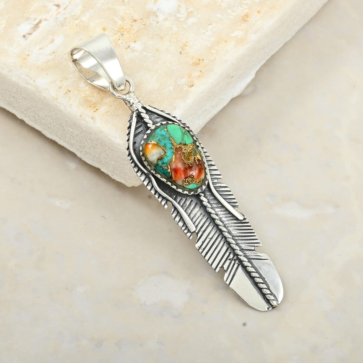 Santa Fe Style Spiny Turquoise Feather Pendant in Sterling Silver 4.50 ctw image number 1