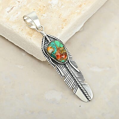 Santa Fe Style Spiny Turquoise Feather Pendant in Sterling Silver 4.50 ctw