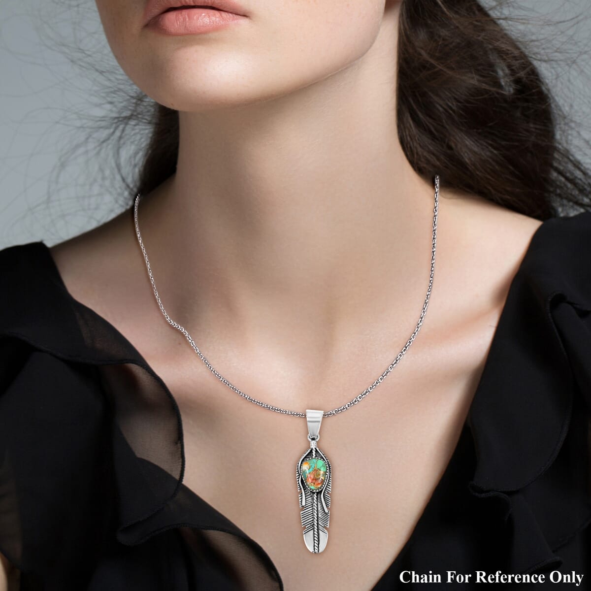 Santa Fe Style Spiny Turquoise Feather Pendant in Sterling Silver 4.50 ctw image number 2