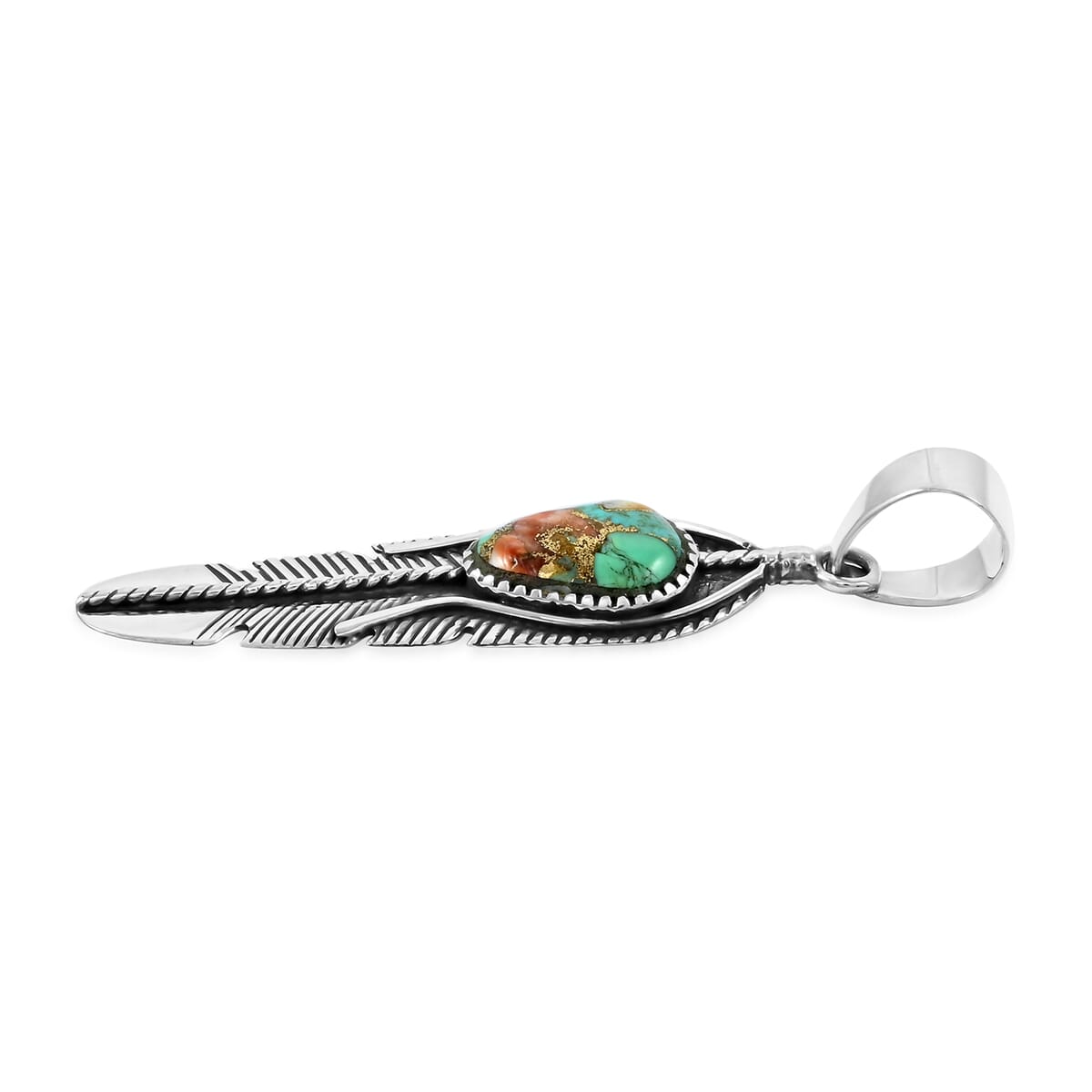 Santa Fe Style Spiny Turquoise Feather Pendant in Sterling Silver 4.50 ctw image number 3