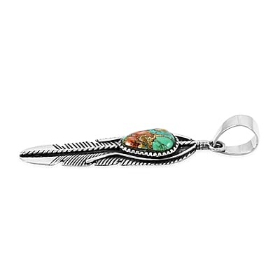 Santa Fe Style Spiny Turquoise Feather Pendant in Sterling Silver 4.50 ctw