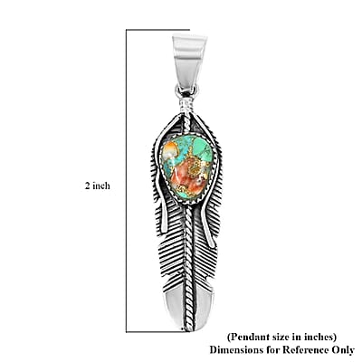 Santa Fe Style Spiny Turquoise Feather Pendant in Sterling Silver 4.50 ctw
