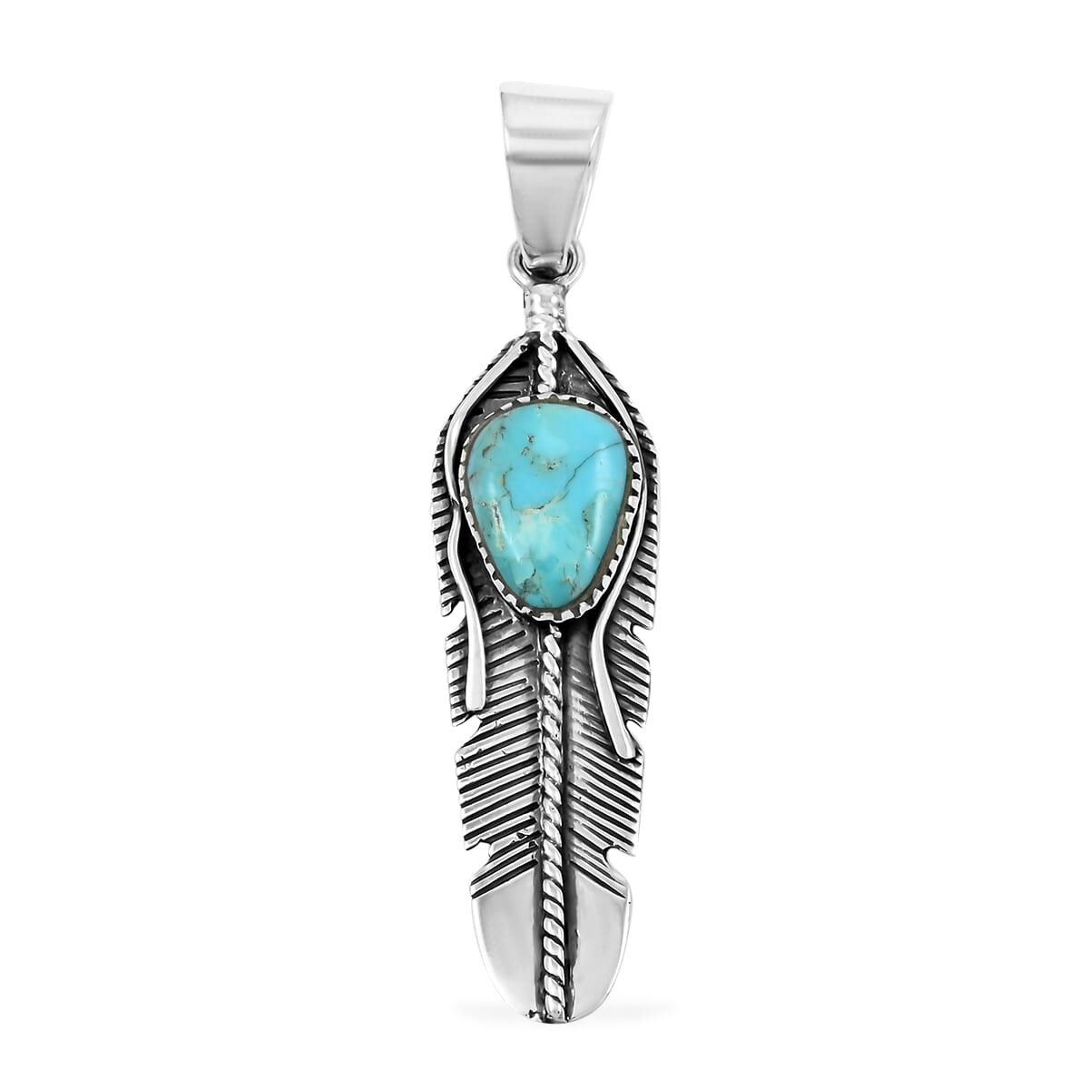 Santa Fe Style Kingman Turquoise Feather Pendant in Sterling Silver 4.50 ctw image number 0