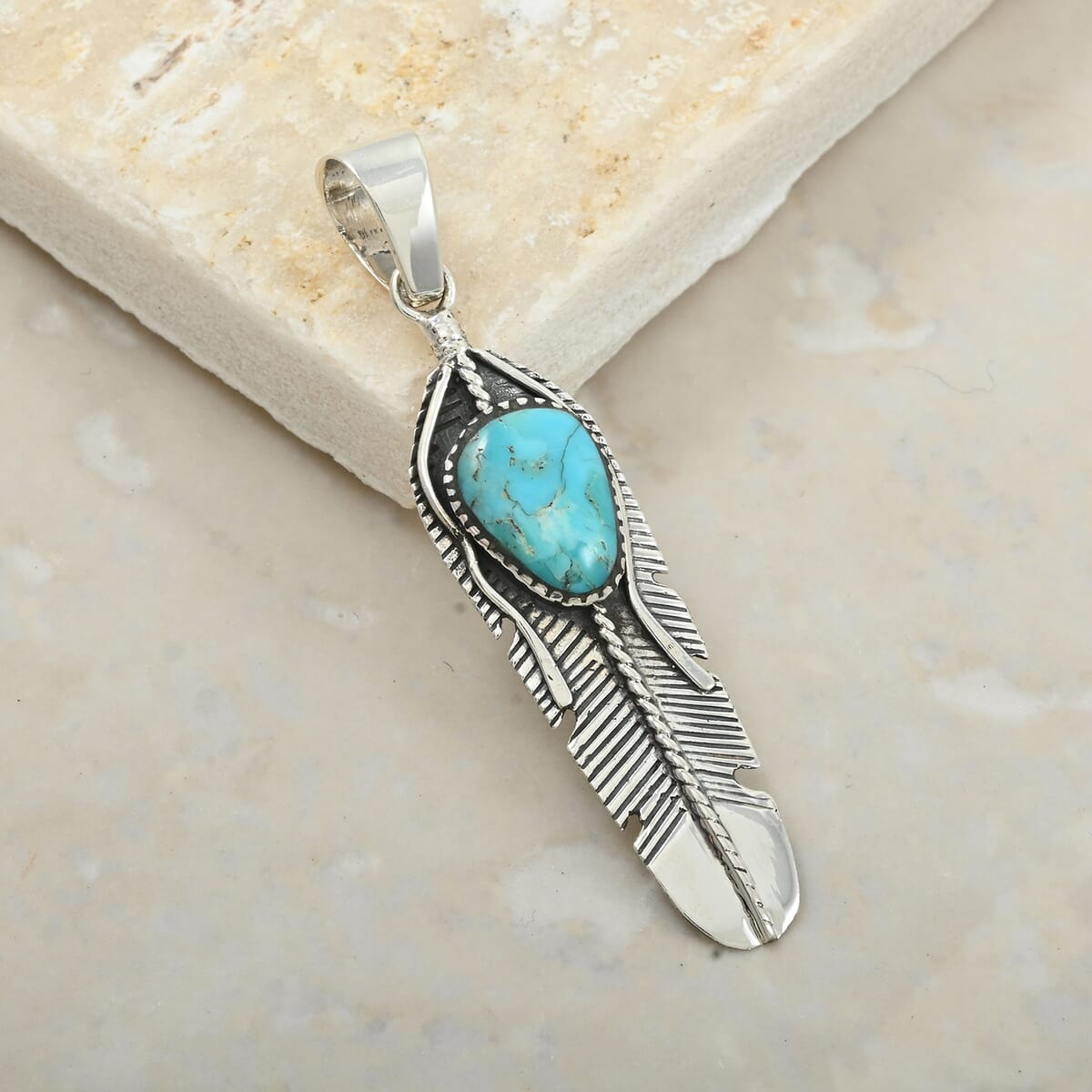 Santa Fe Style Kingman Turquoise Feather Pendant in Sterling Silver 4.50 ctw image number 1