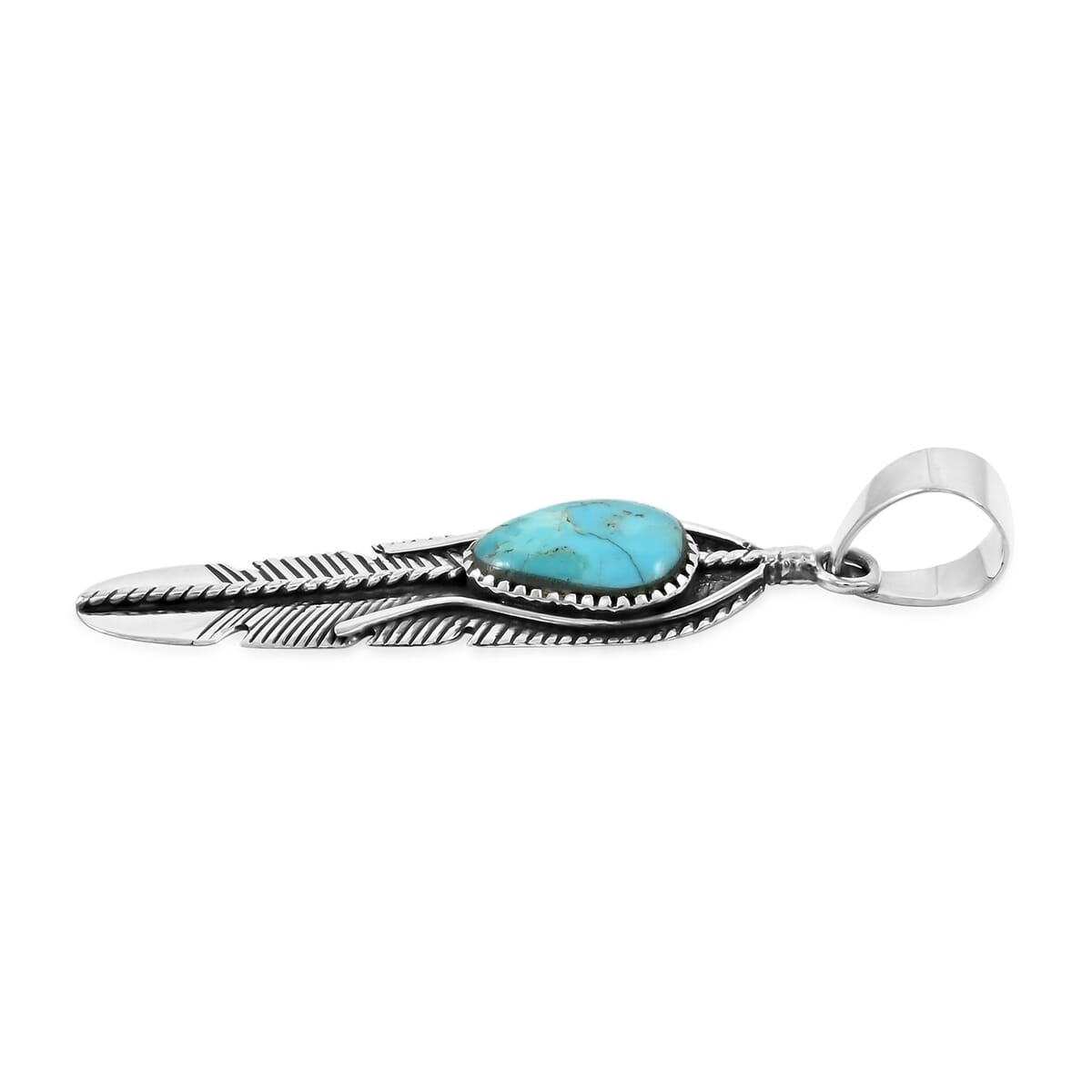 Santa Fe Style Kingman Turquoise Feather Pendant in Sterling Silver 4.50 ctw image number 3