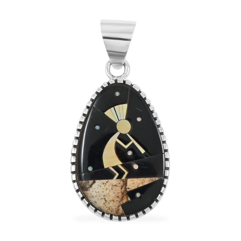 Santa Fe Style Black Onyx and Multi Gemstone 12.50 ctw Kokopelli Pendant without Chain in Sterling Silver