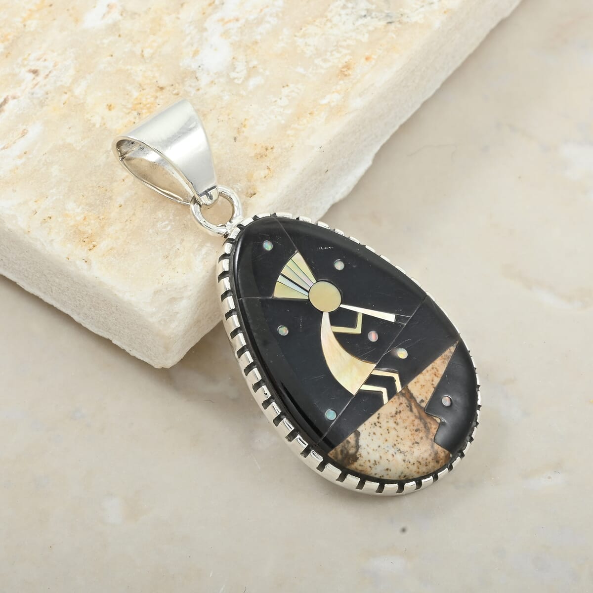 Santa Fe Style Black Onyx, Multi Gemstone Kokopelli Pendant in Sterling Silver 12.50 ctw image number 1