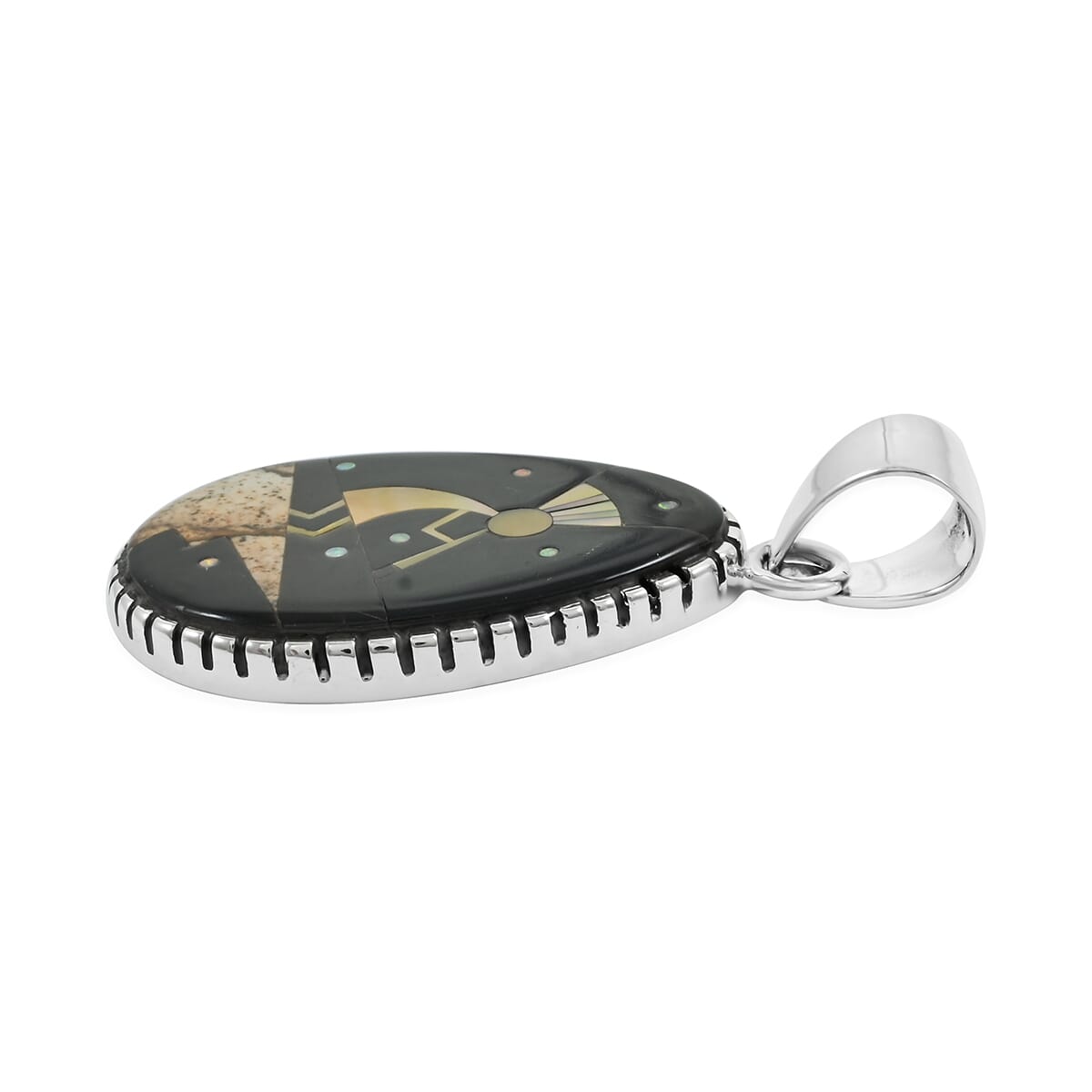 Santa Fe Style Black Onyx, Multi Gemstone Kokopelli Pendant in Sterling Silver 12.50 ctw image number 3