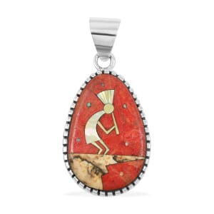 Santa Fe Style Enhanced Red Coral and Multi Gemstone 12.50 ctw Kokopelli Pendant in Sterling Silver