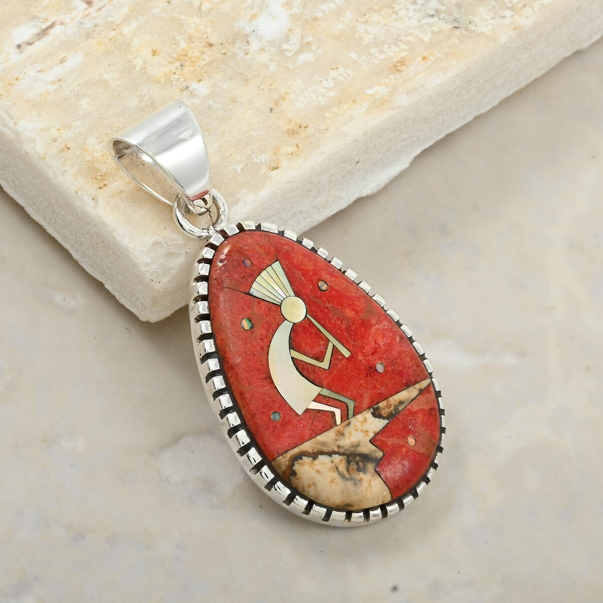 Santa Fe Style Enhanced Red Coral and Multi Gemstone 12.50 ctw Kokopelli Pendant in Sterling Silver image number 1