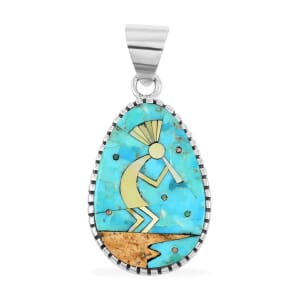 Santa Fe Style Kingman Turquoise and Multi Gemstone 12.50 ctw Kokopelli Pendant in Sterling Silver
