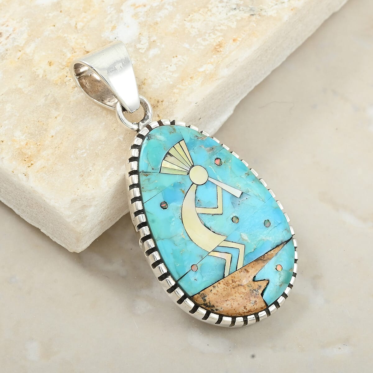 Santa Fe Style Kingman Turquoise and Multi Gemstone 12.50 ctw Kokopelli Pendant without Chain in Sterling Silver image number 1