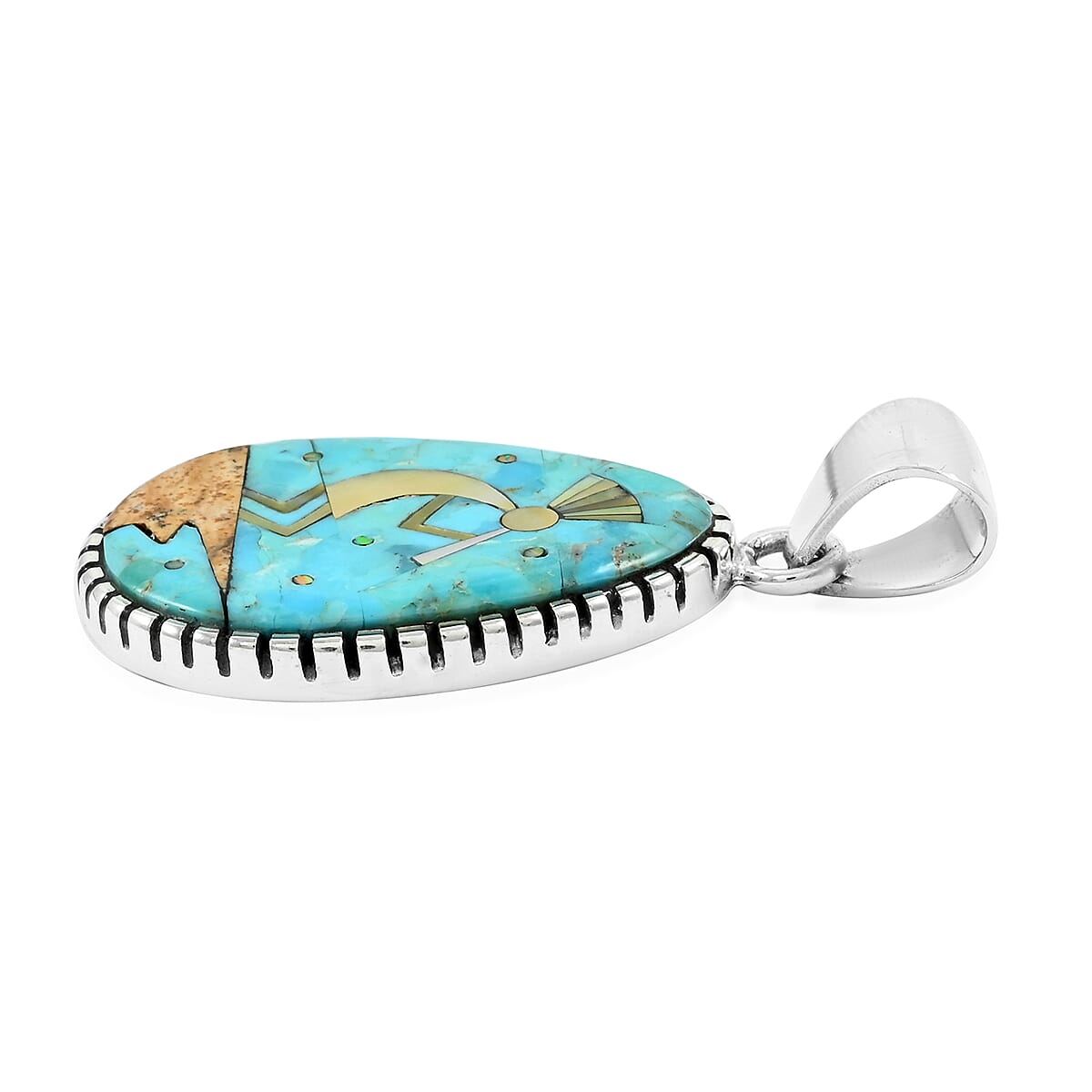 Santa Fe Style Kingman Turquoise and Multi Gemstone 12.50 ctw Kokopelli Pendant without Chain in Sterling Silver image number 3