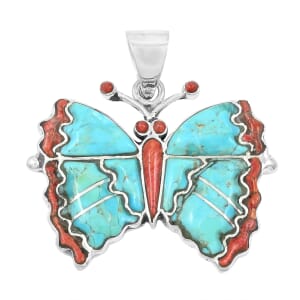 Santa Fe Style Enhanced Red Coral and Kingman Turquoise 24.00 ctw Butterfly Pendant in Sterling Silver