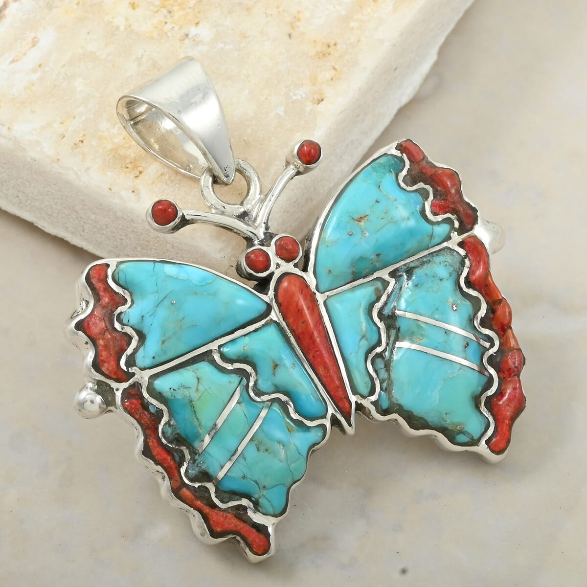Santa Fe Style Enhanced Red Coral, Kingman Turquoise Butterfly Pendant in Sterling Silver 24.00 ctw image number 1