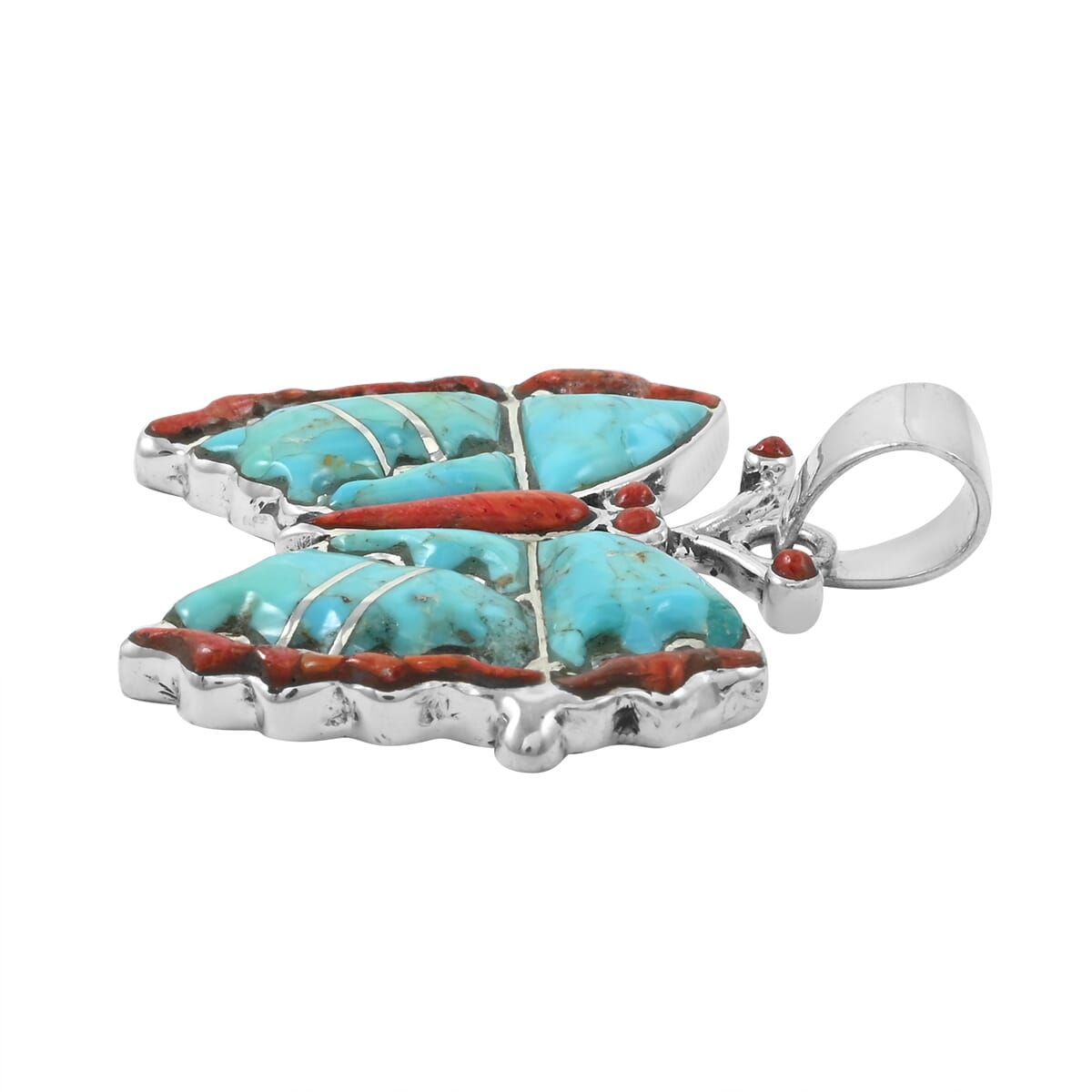 Santa Fe Style Enhanced Red Coral, Kingman Turquoise Butterfly Pendant in Sterling Silver 24.00 ctw image number 3