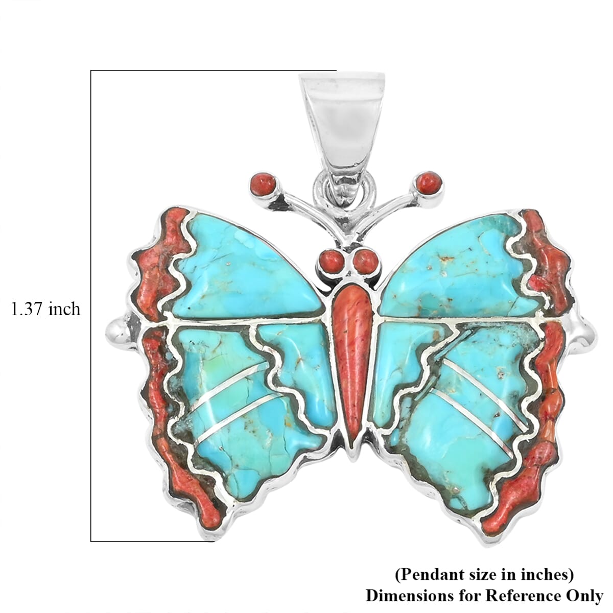 Santa Fe Style Enhanced Red Coral, Kingman Turquoise Butterfly Pendant in Sterling Silver 24.00 ctw image number 4